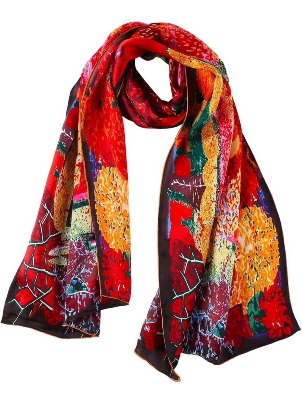 Elegant Long Charmeuse Silk Scarf | Classic Art Print | Luxury Fashion Accessory
